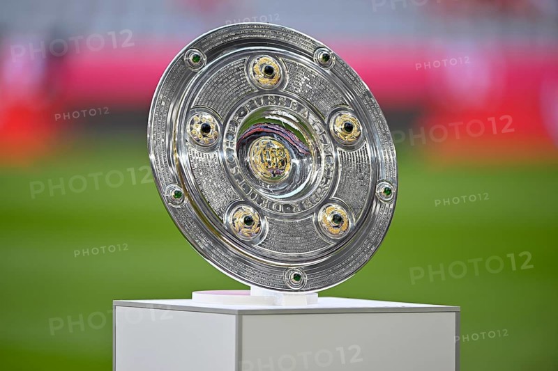 Championship cup, bowl, first division trophy, on podium, soccer, Bundesliga, Allianz Arena, Munich, Bayern, Germany