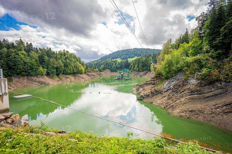 Mirror-smooth, green lake in wooded surroundings under dramatically cloudy sky, Krumbach, Vorarlberg, Austria