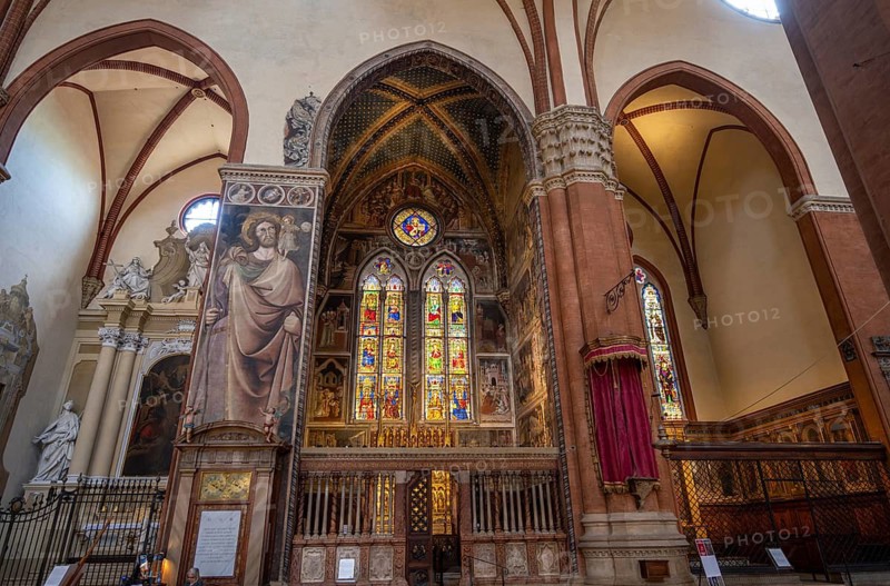 Side chapel with colorful stained glass windows, Bologna, Emilia Romagna, Italy