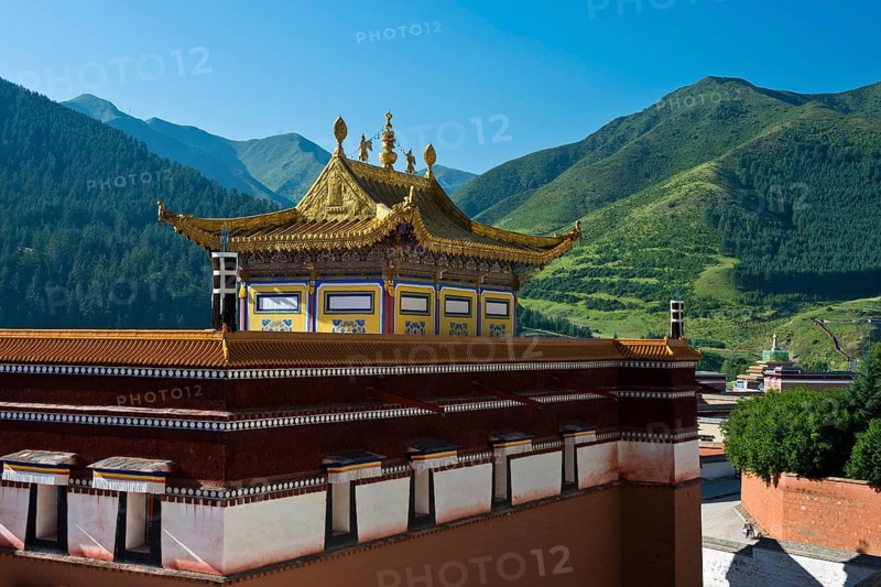 Shiny golden roofs of Labrang Tibetan Buddhist Monastery, Xiahe, in Gannan Tibetan Autonomous Prefecture, Gansu Province, China
