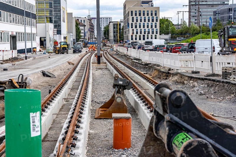 Large construction site in the city center of Essen, Hachestraße, the construction of new tracks for the new Stadtbahn-Essen, a new tram line in the city center that will connect the west of the city with the new Essen-51 district, North Rhine-Westphalia, Germany