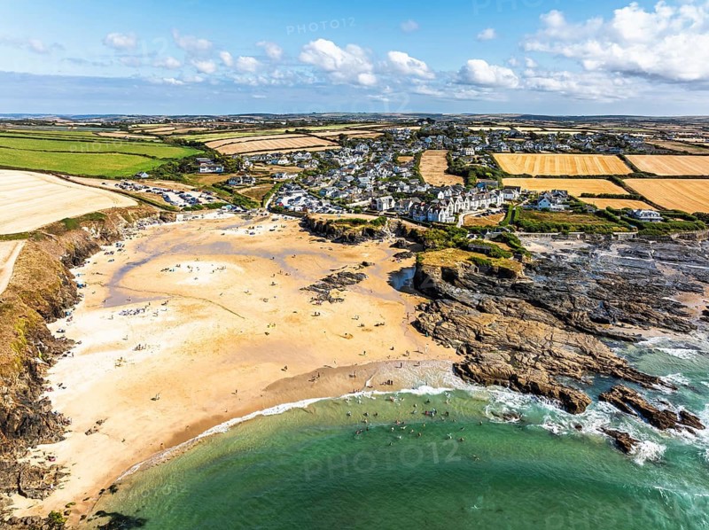 View of Trevone Beach and Trevone Bay from a drone, Trevone, Padstow, Cornwall, England, United Kingdom, Summer 2026