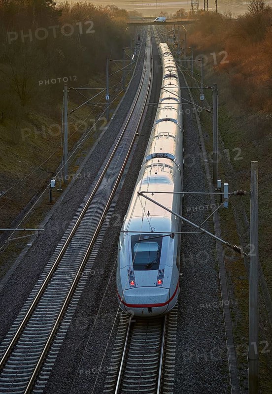 Train traveling through a scenic railway corridor at sunset, surrounded by trees and overhead power lines. Stuttgart to Mannheim, Baden-Württemberg, Germany