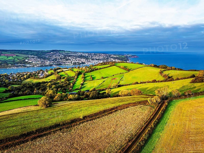 Colours of autumn Fields and Farms over Sheldon from a drone, Torbay, Devon, England, United Kingdom