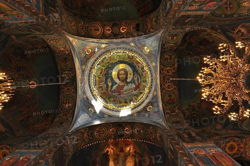 Ceiling view of a church with central Jesus icon and surrounding frescoes, Church of the Resurrection, Saint Petersburg, St. Petersburg, Russia