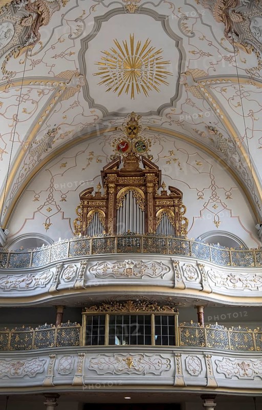 Two-storey organ gallery with historic organ, Müllner Kirche, City of Salzburg, Salzburger Land, Austria