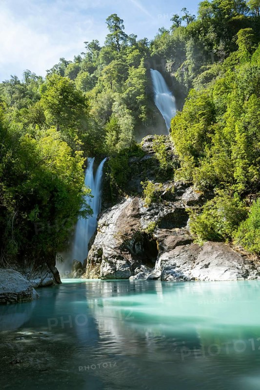 Cascadas Rio Blanco waterfalls and turquoise blue Rio Blanco river flows through temperate rainforest, Valdivian or northern Patagonian rainforest, Ruta de los Parques, Hornopirén, Hualaihué, Los Lagos, Patagonia Verde, Chile