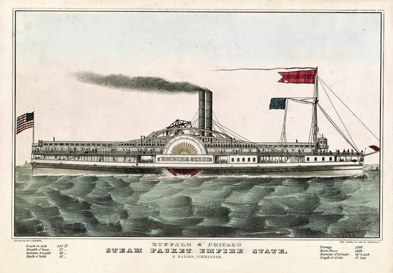 The paddle steamer Empire State, a US steamer operated by the Buffalo & Chicago Line. Completed in 1848, it was capable of carrying up to 1, 400 passengers (and in emergencies, as many as 2, 000) . The upper-class cabins were intended for holidaymakers, whilst the tween deck primarily carried emigrants on their way west, an authentic, digitally restored, high-resolution reproduction based on a 19th-century original, exact date of the depiction unknown, American history, historical