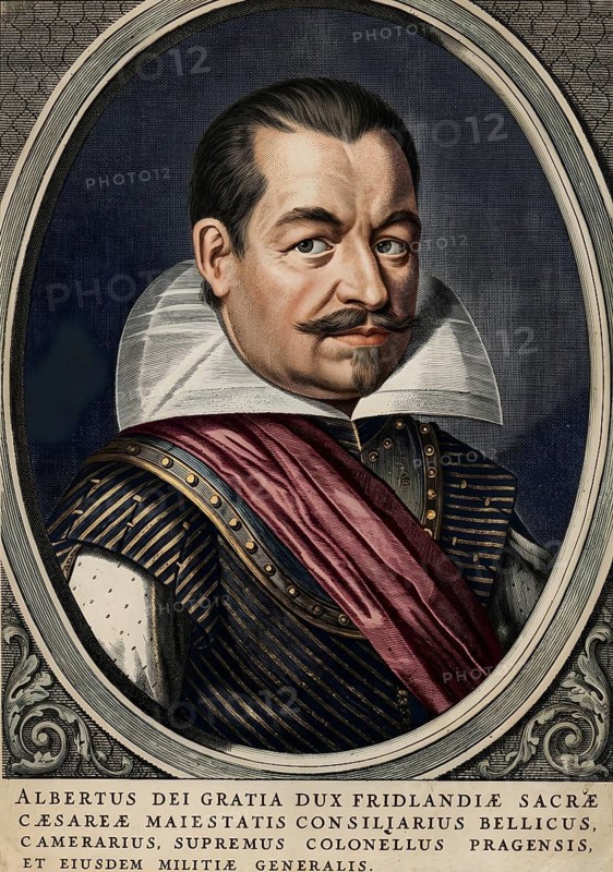 Portrait of Albert von Wallenstein, equestrian portrait, Thirty Years' War, Catholic League, historical illustration, digitally edited