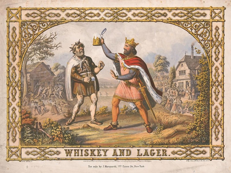 Advertising poster, drinks advertisement, ‘Whisky and Lager' poster from 1871. The work contrasts two alcoholic drinks against the backdrop of the social debates taking place in the USA at the time. King Lager (right) represents German lager. He is depicted as a noble, crowned ruler in gleaming armour, proudly raising a traditional beer mug with a hinged lid. King Whisky (left) embodies strong spirits. He is shown as a dishevelled, staggering man in a tattered cloak and wearing a crown of thistles on his head, struggling to defend himself, an authentic reproduction of a historical advertising poster or sign, in high resolution, historical