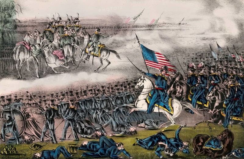 Lithograph of the Battle of Buena Vista from February 23, 1847 during the Mexican-American War. The defeat of the Mexican army under General Santa Anna by US troops under General Zachary Taylor, American history, authentic, digitally restored reproduction from a 19th-century model, exact date of depiction unknown, historical