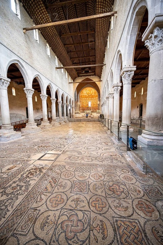 Basilica di Santa Maria Assunta, Basilica of Aquileia with historic floor mosaic in the main nave, UNESCO World Heritage Site, Aquileia, Friuli, Italy