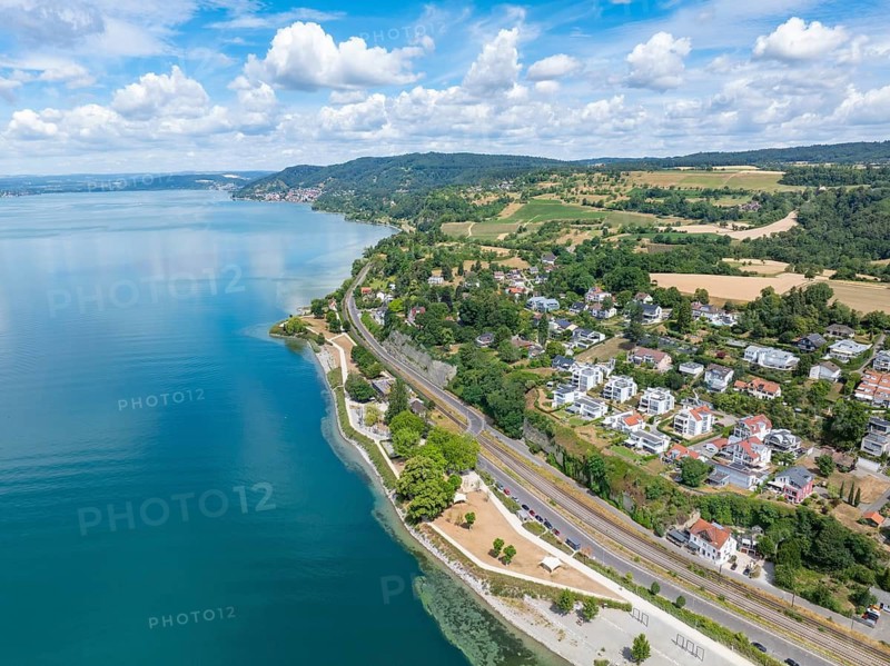 Aerial view of Lake Constance with the Landesgartenschaugelände and lakeside park, Goldbach, Überlingen, Bodenseekreis, Baden-Württemberg, Germany
