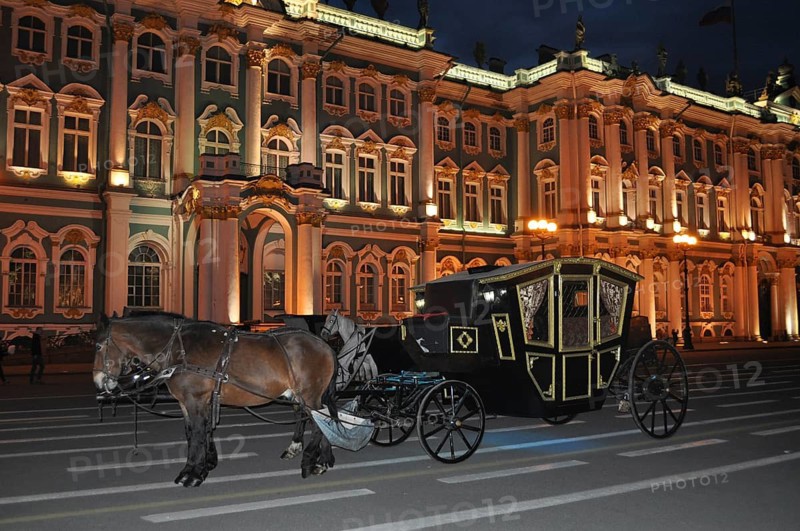 Historic carriage with horses in front of an impressively illuminated palace at night, Winter Palace, Hermitage, Saint Petersburg, St. Petersburg, Russia