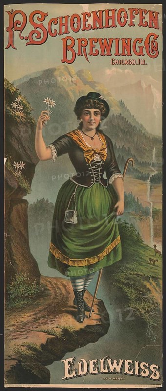 Advertising poster, beverage advertisement, lithograph by Henry Jerome Schile from 1886 is an advertising poster for P. Schoenhofen Brewing Co. in Chicago, Illinois. It shows a woman in traditional alpine clothing standing on a cliff holding edelweiss blossoms. The poster promotes the type of Edelweiss beer, authentic reproduction of a historical advertising poster, advertising sign, in high resolution, historical