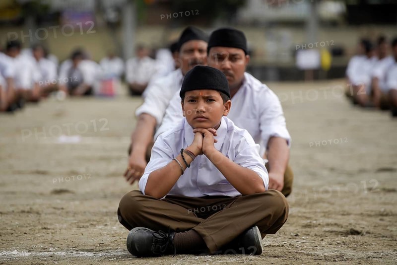 Rashtriya Swayamsevak Sangh (RSS) volunteers participate in an annual event, in Guwahati, Assam, India on Sunday, April 3, 2022. The Rashtriya Swayamsevak Sangh is a Hindu nationalist, paramilitary volunteer organisation