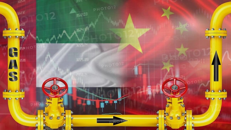 Gas exports from the United Arab Emirates to China on financial chart background. Emirati gas export pipeline to China