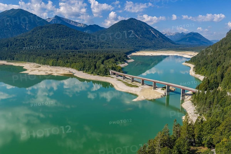 Mountain lake, mountains, reflection, sunny, summer, drought, low water, drought, bridge, road, cars, aerial view, August 2026, Sylvenstein Dam, Sylvensteinsee, Isar, Lenggries, Bavarian Alps, Bavaria, Germany
