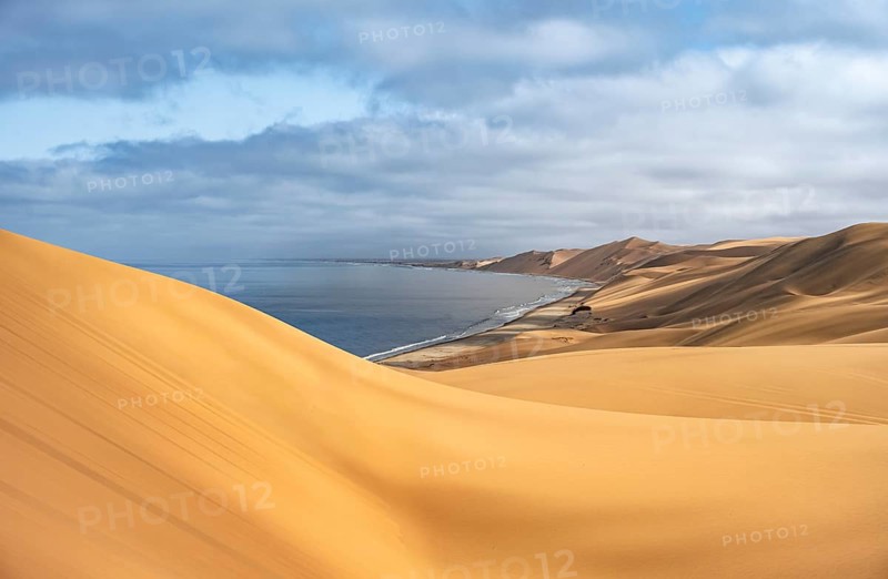 Sand dunes and sea in morning light, Atlantic coast and sandy desert with sea of dunes, Sandwich Harbour, Namib Naukluft Park, Namib Desert, Namibia