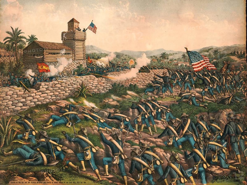 Soldiers of the 24th and 25th Colored Infantry, storming San Juan Hill during the Spanish-American War on July 2, 1898. Attack by African American troops to support and rescue the Rough Riders, authentic, digitally restored reproduction in high resolution from a 19th century original, exact date of presentation unknown, American history, historical