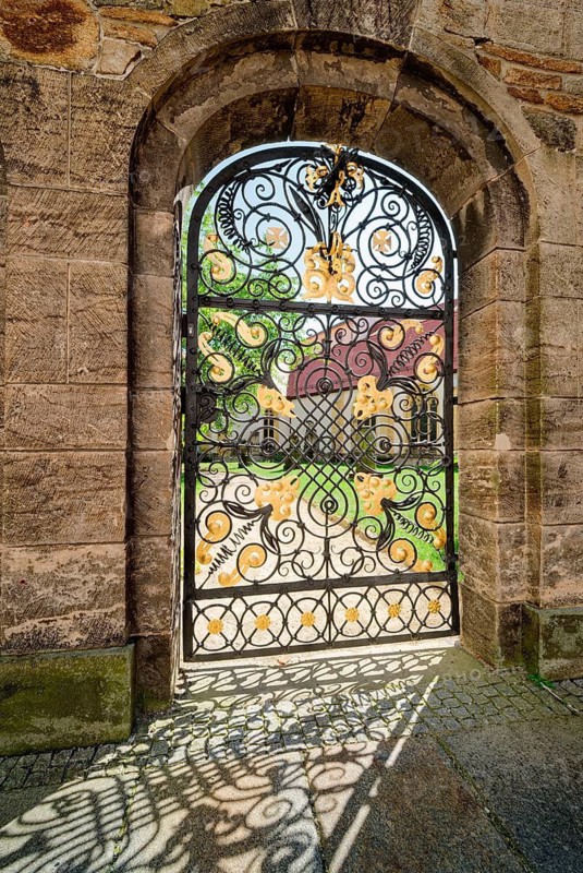 Wrought iron gate with golden ornaments to the Green Cemetery, Freiberg Cathedral St. Marien, religious building, silver trail, ore mining, silver mining, Margrave Otto the Rich, Wettiner, Freiberg, Saxony, Germany