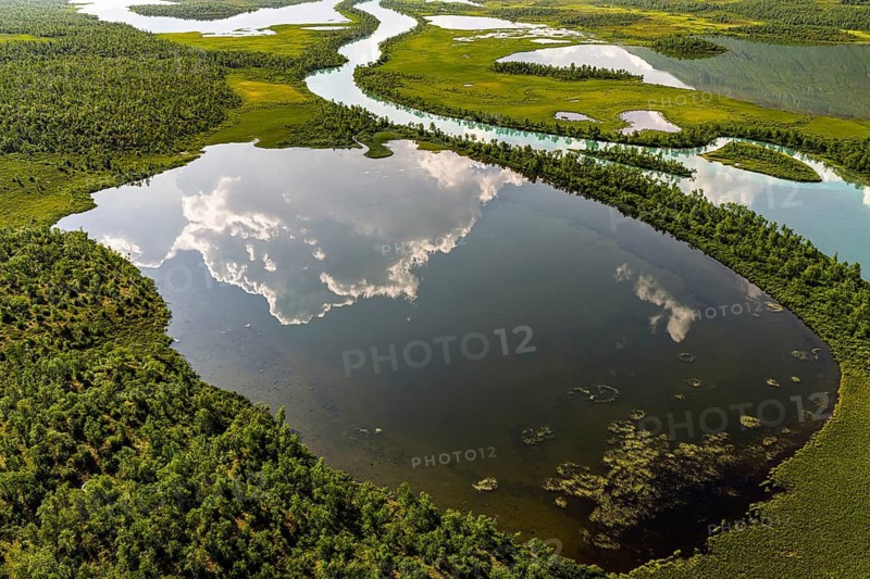 Aerial view of river Vistasjohka, branching river arms, turquoise colored river, Vistasvagge valley, Nikkaluokta, Norrland, Sweden