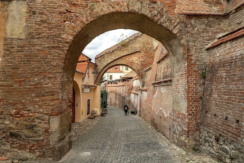 The Pasajul Scarilor Pasajul stairs between Lower Town and Upper Town in the old town of Sibiu or Sibiu, Transylvania, Romania