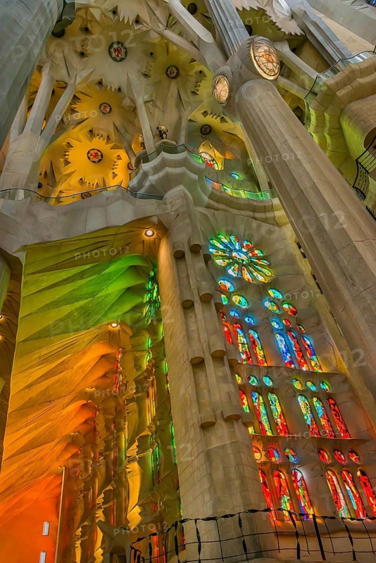 Interior view of the Familia Sagrada by the architect Antonio Gaudi in Barcelona, Spain