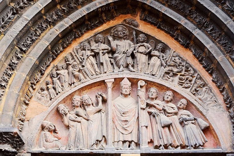 Relief at the entrance, Saint Martin Collegiate Church, Colmar, Haut-Rhin, Alsace, Grand Est, France