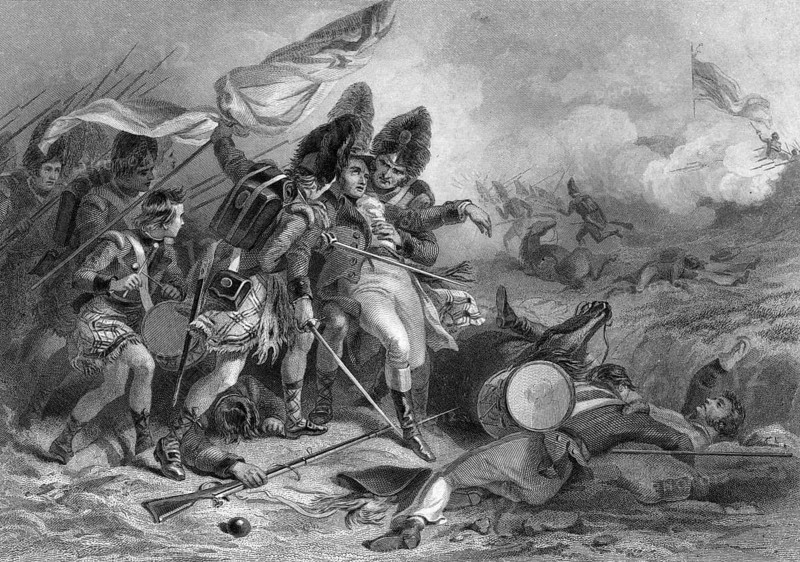 Death of British Major General Sir Edward Pakenham during the Battle of New Orleans on January 8, 1815. The scene depicts the decisive turning point at the end of the British-American War of 1812, in which Pakenham was fatally wounded, American history, authentic, digitally restored reproduction in high resolution from a 19th-century original, exact date of presentation unknown, historical
