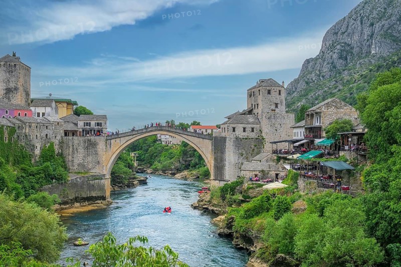 The Stari Most, or Mostar Bridge, a UNESCO World Heritage site in Mostar, Bosnia and Herzevogina. Destroyed during the Balkan War, it was reconstructed in 2004 using the original stone, salvaged from the Neretva River
