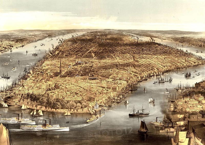 New York City in 1856, shows Manhattan from the south from a bird's eye view with detailed depictions of the harbor and the waterfront, authentic, digitally restored reproduction in high resolution from a 19th-century original, exact date of depiction unknown, American history, historical