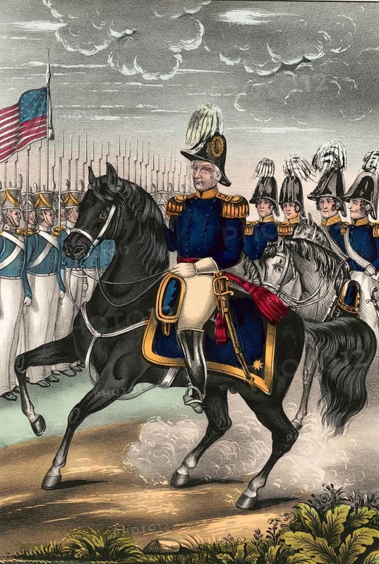 General Zachary Taylor in the foreground on the white horse and his officer staff on horseback. The reference is to the early campaigns of the war such as Palo Alto, Resaca de la Palma, Monterrey and Buena Vista, which later helped Taylor achieve great fame and paved the way for his election as 12th US President in 1848, American history, authentic, digitally restored reproduction in high resolution from a 19th-century original, exact date of presentation unknown, historical
