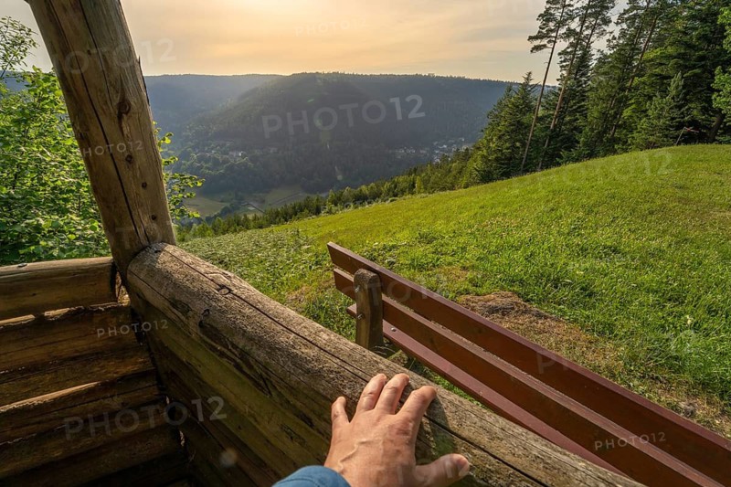 View from a wooden shelter of green mountains, Simmelhütte, Bad Wildbad. germany