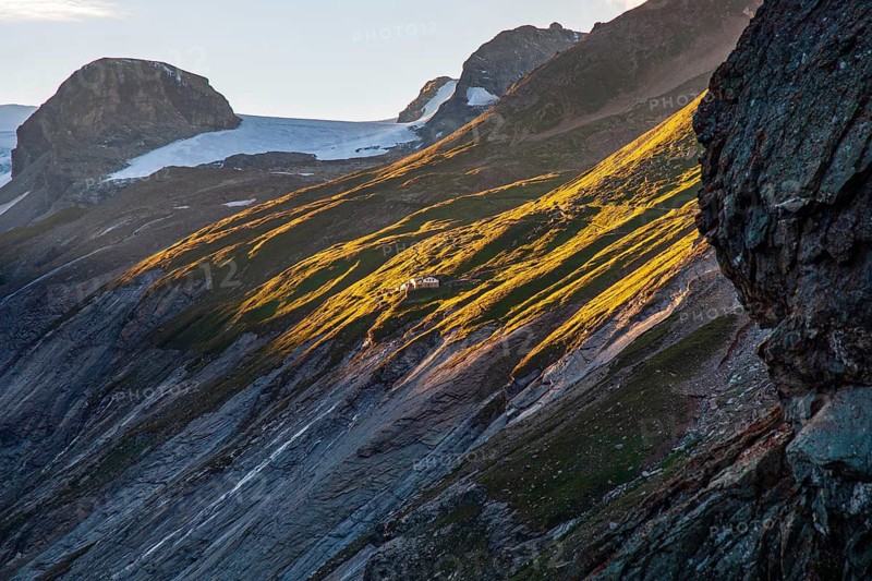 View of the Gamsgrubenweg above the Pasterze glacier in the Hohe Tauern National Park, Heiligenblut am Grossglockner, Carinthia, Austria