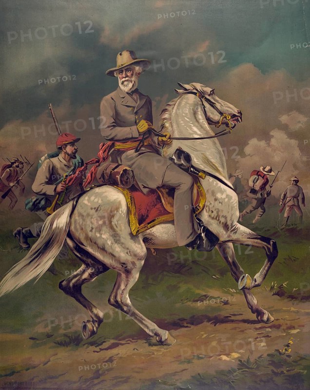 Robert Edward Lee (born 19 January 1807, died 12 October 1870) was a colonel in the US Army until 1861 and subsequently, during the American Civil War (1861–1865), the most successful general of the Confederate States. On his horse Traveller during the American Civil War, American history, authentic, digitally restored high-resolution reproduction from a 19th-century original, exact date of the depiction unknown, historical
