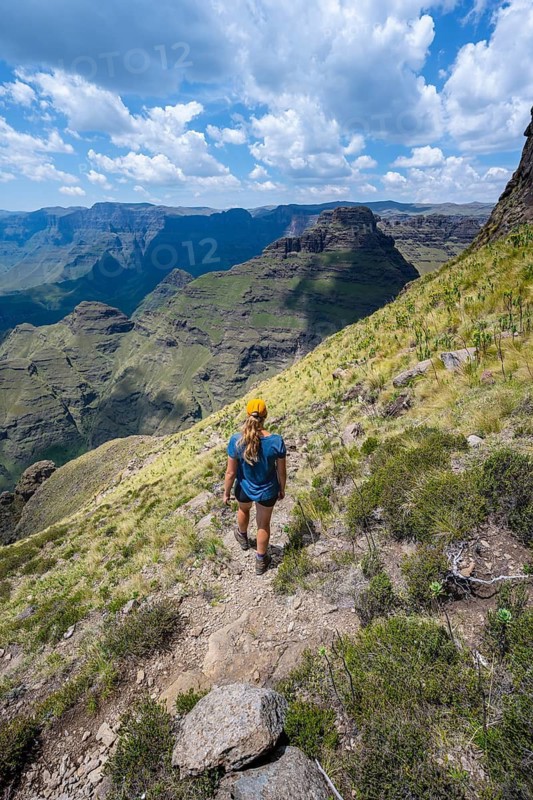 Female mountaineer hiking trail to Cathedral Peak or Cathedralpiek or Mponjwana, Drakensberg, KwaZulu-Natal, South Africa