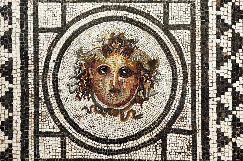 Floor mosaic with head of Medusa, Pompeii, 1st century AD, Naples National Archaeological Museum, Museo Archeologico Nazionale di Napoli, Naples, Campania, Italy