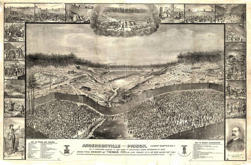 Lithograph of the notorious Confederate prisoner of war camp Andersonville, Camp Sumter, in Georgia, as it looked on August 1, 1864. Former Union soldier Thomas O'Dea drew this detailed bird's-eye view from memory. The main camp fenced off by tall palisades in the condition of August 1, 1864, in which around 35, 000 Union prisoners lived under extremely cramped and disastrous conditions at that time, American history, authentic, digitally restored reproduction from a 19th century original, exact date of presentation unknown, historical