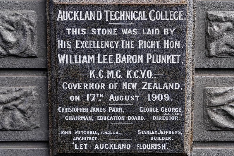 Foundation stone plaque for Auckland Technical College laid by Governor Baron Plunket 17 August 1909, Auckland, New Zealand
