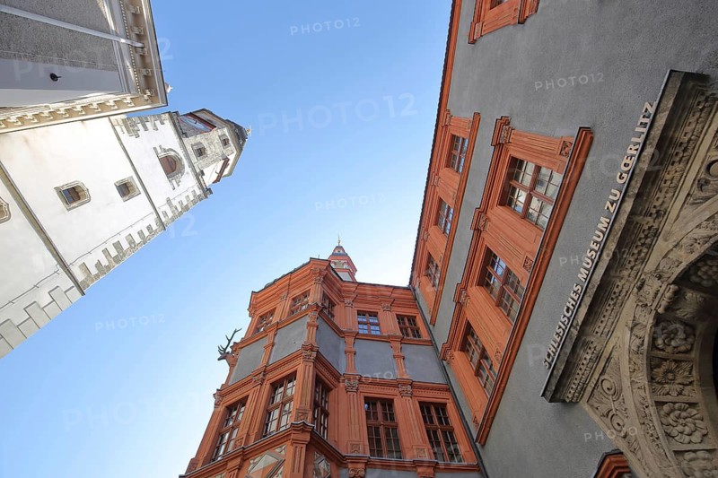 Old Town Hall Tower and Silesian Museum built in 1526, Renaissance, bay window, inscription, view upwards, perspective, Schönhof, Görlitz, Upper Lusatia, Lusatia, Saxony, Germany