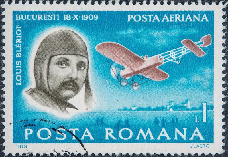 Louis Blériot (1872–1936) was a French aviation pioneer and engineer who, on July 25, 1909, became the first person to fly across the English Channel in a powered aircraft. Portrait on a Romanian postage stamp