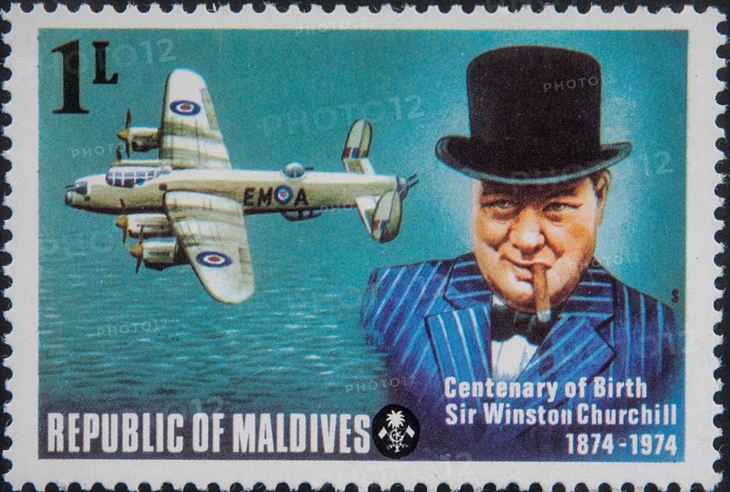 Winston Churchill (1874–1965) was a British politician, author, and officer. He served as British Prime Minister from 1940 to 1945 and from 1951 to 1955. As an author, he was awarded the Nobel Prize in Literature in 1953. Portrait on a Maldivian stamp