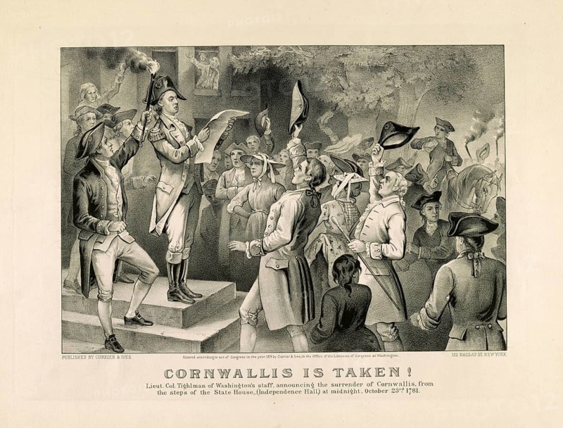 Lieutenant Colonel Tench Tilghman announcing the news of Lord Cornwallis's surrender from the steps of Independence Hall in Philadelphia at midnight on October 23, 1781. Announcement of victory at Yorktown and the capture of British troops in the American Revolutionary War, American history, authentic, digitally restored reproduction in high resolution from a 19th century original, exact date of depiction unknown, historical