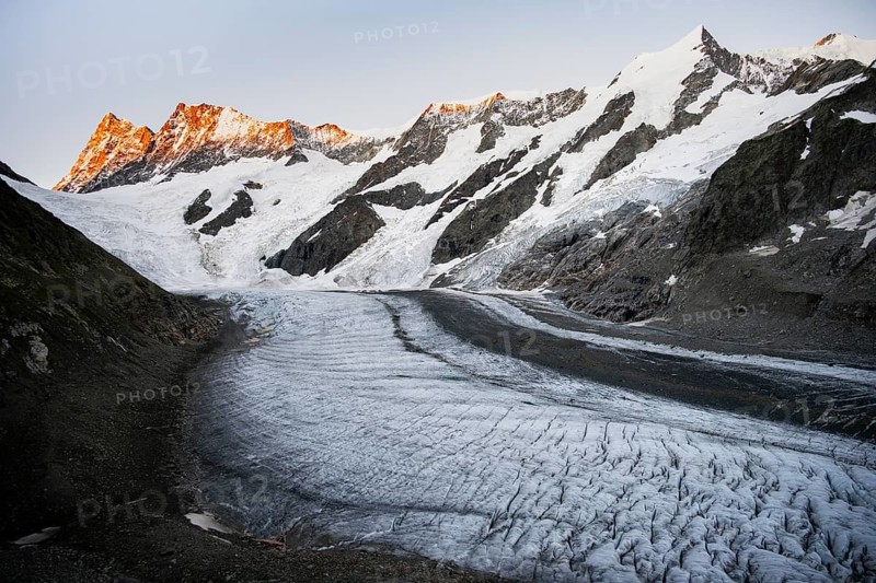 Impressive high-alpine landscape, Finsteraarhorn and Agassizhorn mountain peaks with alpine glow at sunrise, Upper Arctic Ocean glacier, Bernese Alps, Bernese Oberland, Switzerland