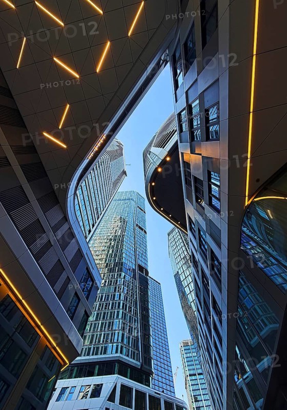 Frog's eye view of skyscrapers in the banking district, Four Frankfurt, Frankfurt am Main, Hesse, Germany