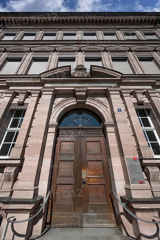 Entrance portal of the building regulations authority, it was built in 1885 in the Neo-Renaissance style, Bauhof 5, Nuremberg. Middle Franconia, Bavaria, Germany