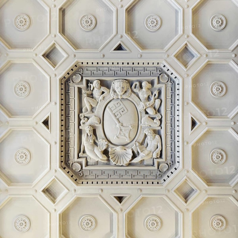 View from bottom to top of the stucco ceiling of the ballroom with Bremen key in the New Bremen Town Hall, UNESCO World Heritage Site, Free Hanseatic City of Bremen, Germany