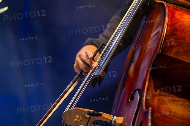Close-up of a hand playing a cello with focus on the bow, Calwer Klostersommer Festival, Hirsau Abbey, Calw, Germany