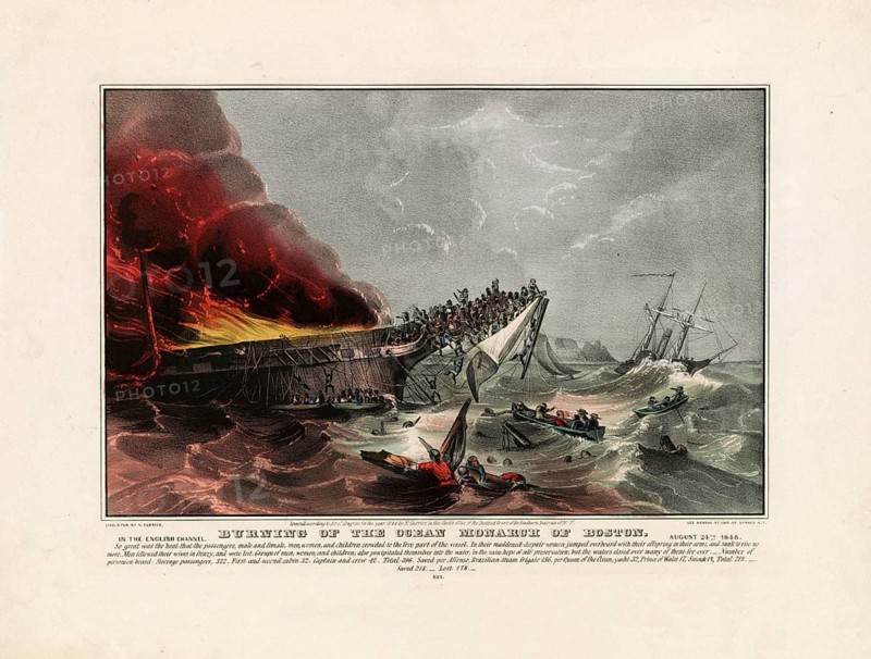 Fire and sinking of the emigrant ship Ocean Monarch off the British coast, on August 24, 1848 on the way from Liverpool to Boston. Over 170 people died in the disaster, authentic, digitally restored reproduction in high resolution from a 19th century original, exact date of presentation unknown, American history, historical